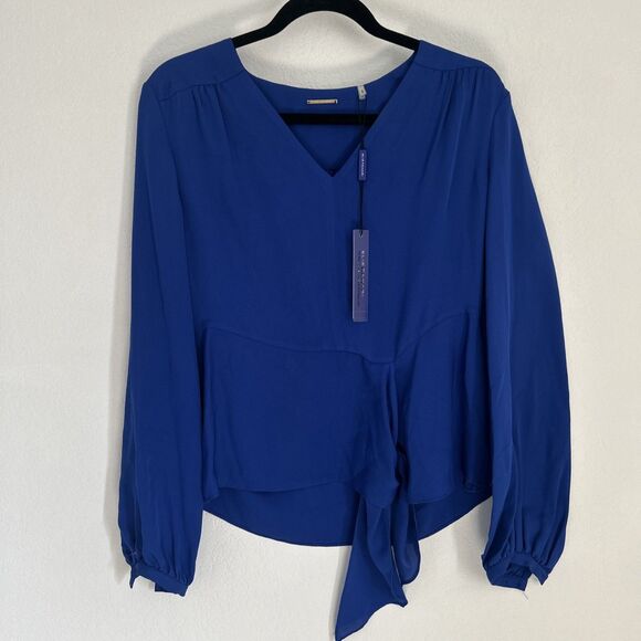 Elie Tahari Side-Tie Waist Shirt NWT Vibe Blue Long-Sleeved Silk Blouse Sz S - Picture 2 of 10